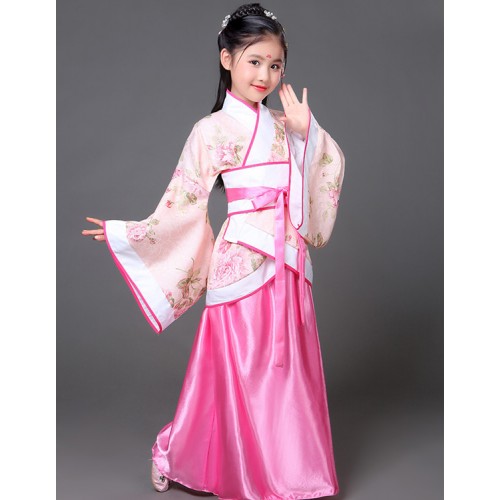Children folk dance costumes for girls kids stage performance blue pink ancient fairy drama cosplay school competition robes dress